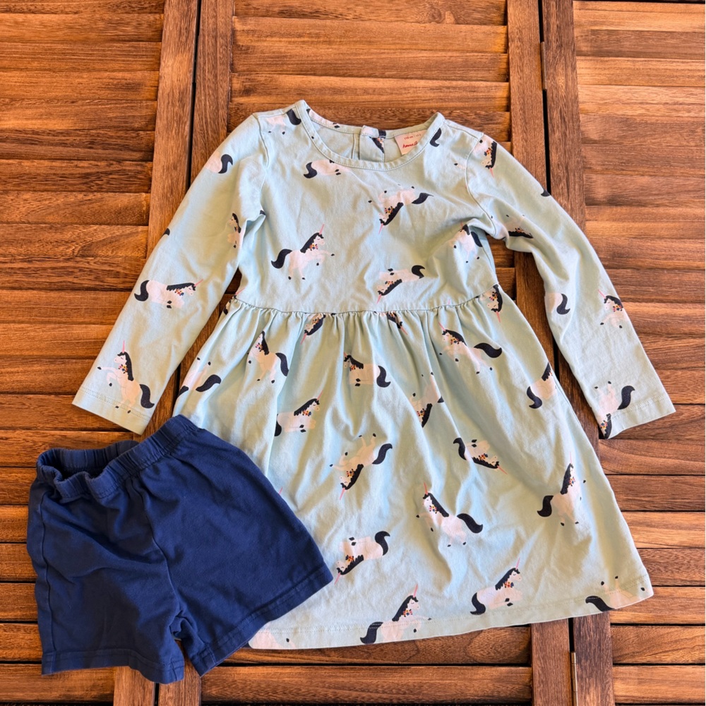 Hanna Andersson Light Blue Unicorn Dress Size 5 with Carters Navy Shorts Size 4